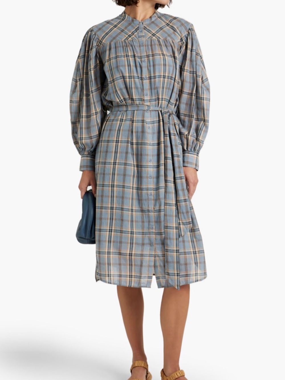 Ulla Johnson Blue and Tan Plaid Midi Shirt Dress